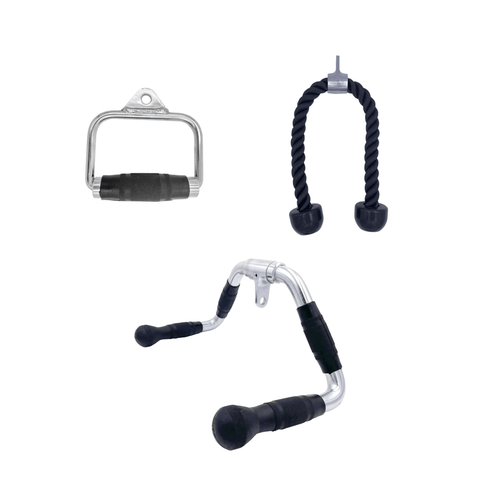 Cable Attachment Pack A - Stirrup handle, Tri Rope, Multi-Purpose bar Cable Attachment Pack A - Stirrup handle, Tri Rope, Multi-Purpose bar
