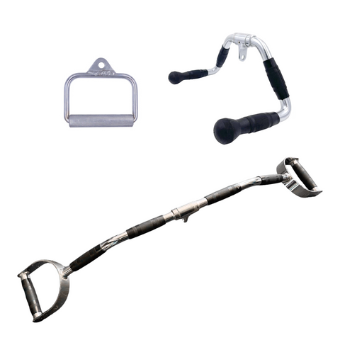 Cable Attachment Pack B - Stirrup, Multi-Purpose bar, Rubber Lat Pulldown D-Handle Cable Attachment Pack B - Stirrup, Multi-Purpose bar, Rubber Lat Pulldown D-Handle