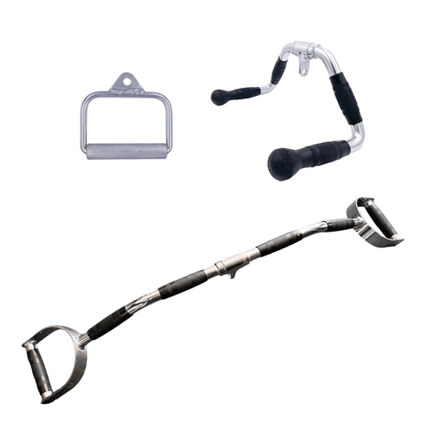 Cable Attachment Pack B - Stirrup, Multi-Purpose bar, Rubber Lat Pulldown D-Handle Cable Attachment Pack B - Stirrup, Multi-Purpose bar, Rubber Lat Pulldown D-Handle