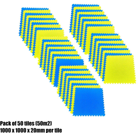 Pack of 50 - 20mm EVA Foam Jigsaw Interlocking Floor Tile Mat 1m x 1m BLUE / YELLOW