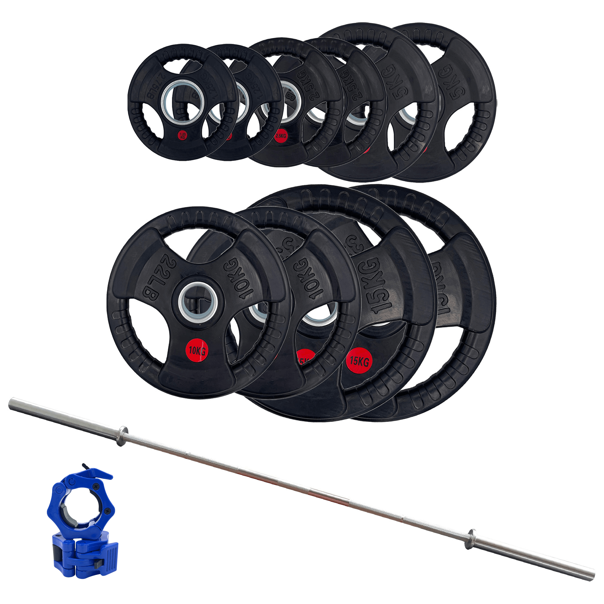 67.5kg Rubber TriGrip Weight Plates and 2.2m Powerlifting Bar 2000lb