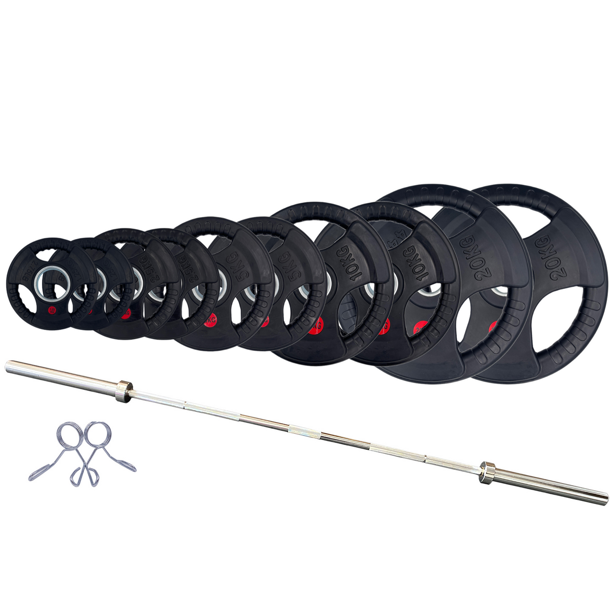 (Pre-order) 77.5kg Rubber Tri-Grip Weight Plates and 2.2m Olympic Bar Bundle