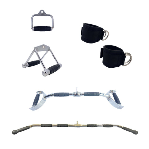 Cable Attachment Pack E - Stirrup, Triangle, Ankle Cuffs, D handle Close Grip, Wide Lat