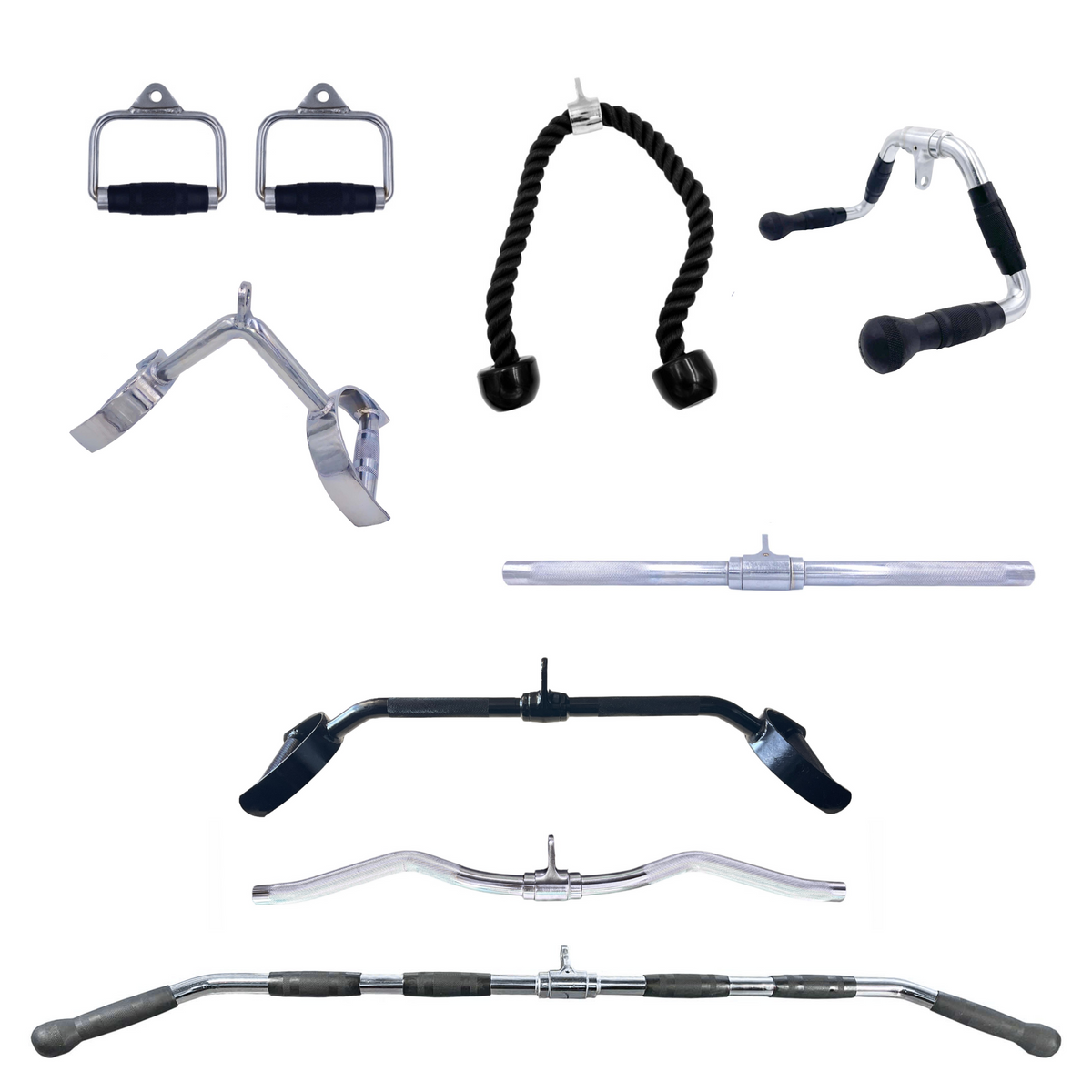 Cable Attachment Pack F - Stirrup x2, 90cm Rope, Row Bar, Straight,  Multi, D Handle Row, Lat Bar, EZ Curl