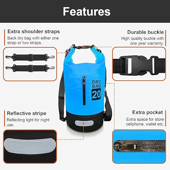 Waterproof Dry Bag 20L BLUE | Lightweight Large Capacity Sack | Organizer Storage Utility Bags | INSOURCE