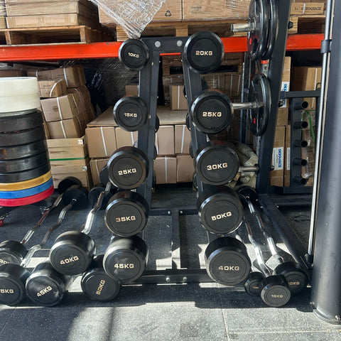 10kg - 50kg Fixed EZ CURL Barbell Package with Commercial Grade Bar Rack [Pre-Owned]