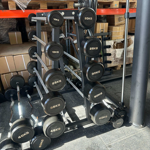10kg - 50kg Fixed EZ CURL Barbell Package with Commercial Grade Bar Rack [Pre-Owned]